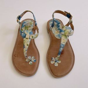 Miss Albright blue and yellow floral leather thong sandals from Anthropologie